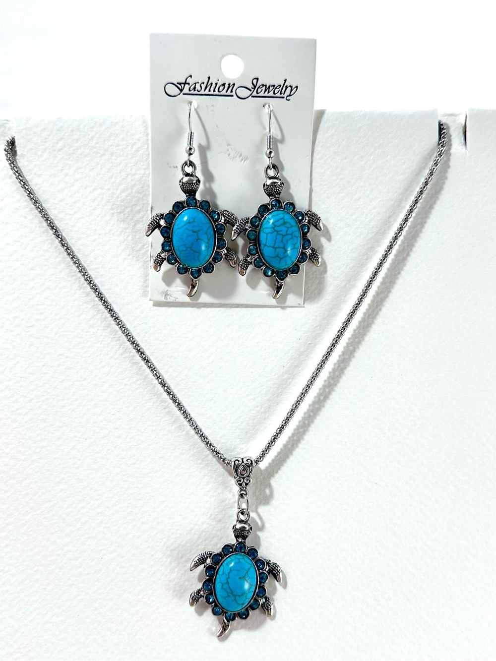 NWT Faux Turquoise Sea Turtle Necklace & Earrings Jewelry Set Silver Tone